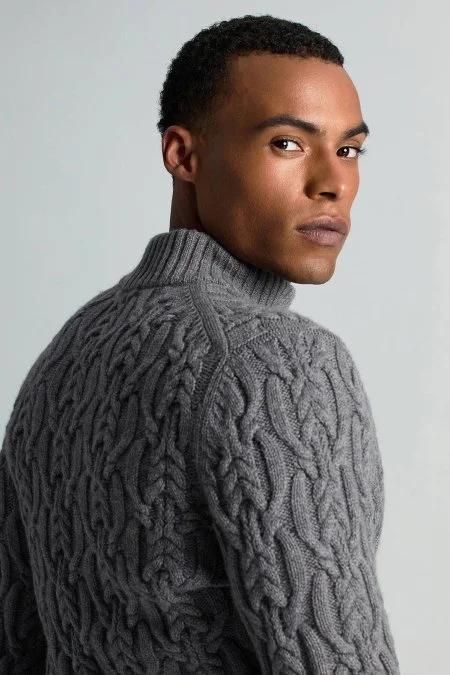 Saf Kaşmir Lupetto Yaka Saç Örgü Desenli Koyu Gri Kazak