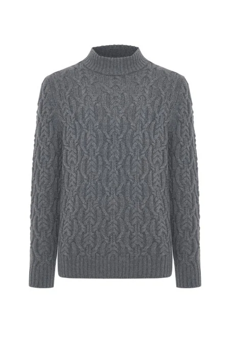 Saf Kaşmir Lupetto Yaka Saç Örgü Desenli Koyu Gri Kazak
