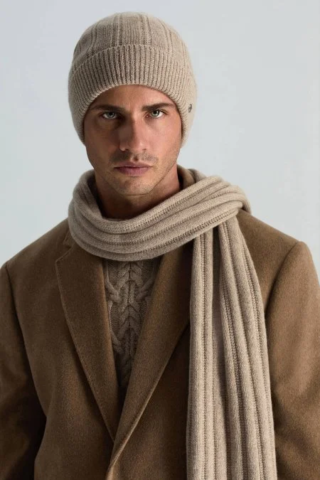 Saf Kaşmir Örgü Desenli Camel Bere