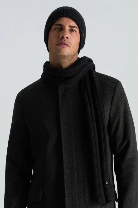 Saf Kaşmir Örgü Desenli Siyah Bere