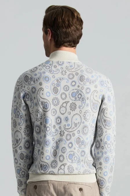 Saf Kaşmir Paisley Desen Lupetto Yaka Ekru Triko