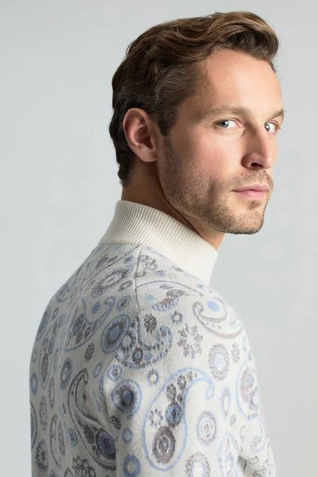 Saf Kaşmir Paisley Desen Lupetto Yaka Ekru Triko