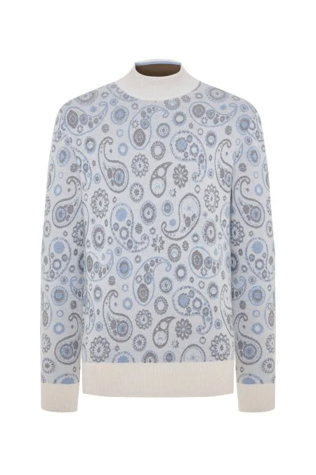 Saf Kaşmir Paisley Desen Lupetto Yaka Ekru Triko