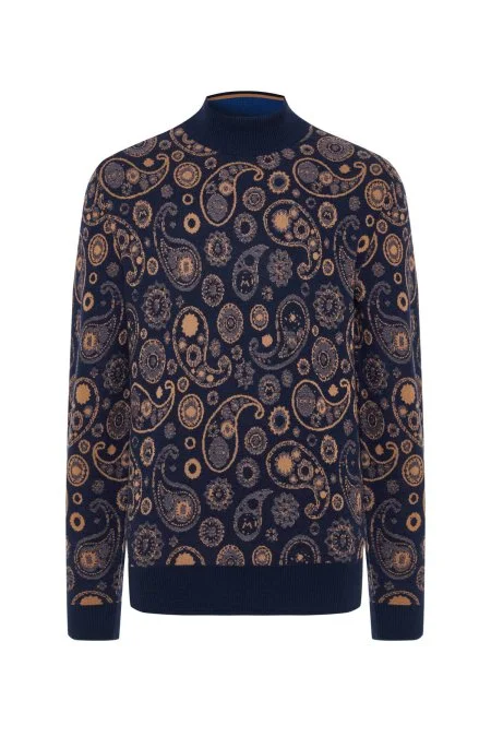 Saf Kaşmir Paisley Desen Lupetto Yaka Lacivert Triko