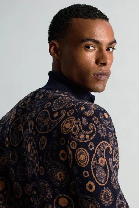 Saf Kaşmir Paisley Desen Lupetto Yaka Lacivert Triko