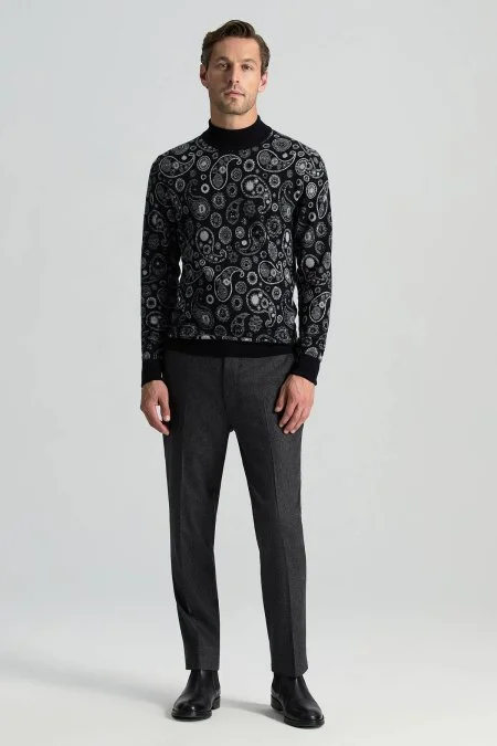 Saf Kaşmir Paisley Desen Lupetto Yaka Siyah Triko