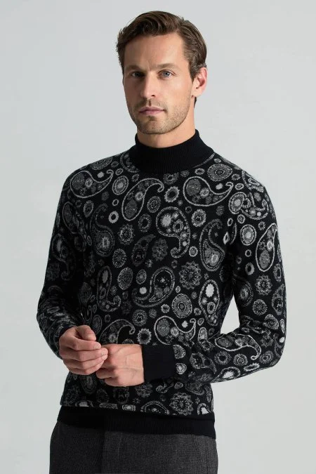 Saf Kaşmir Paisley Desen Lupetto Yaka Siyah Triko Saf Kaşmir Paisley Desen Lupetto Yaka Siyah Triko