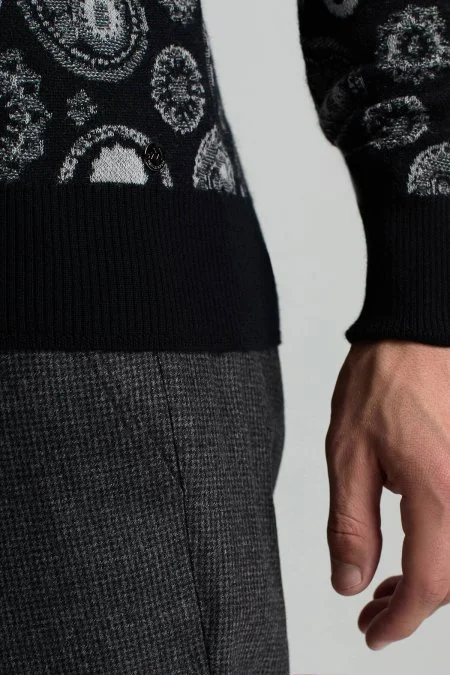 Saf Kaşmir Paisley Desen Lupetto Yaka Siyah Triko