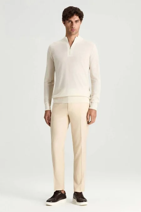 Saf Kaşmir Polo Yaka Fermuarlı Beyaz Triko