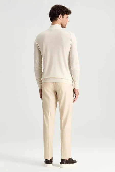 Saf Kaşmir Polo Yaka Fermuarlı Beyaz Triko