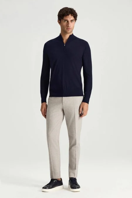 Saf Kaşmir Polo Yaka Fermuarlı Lacivert Triko