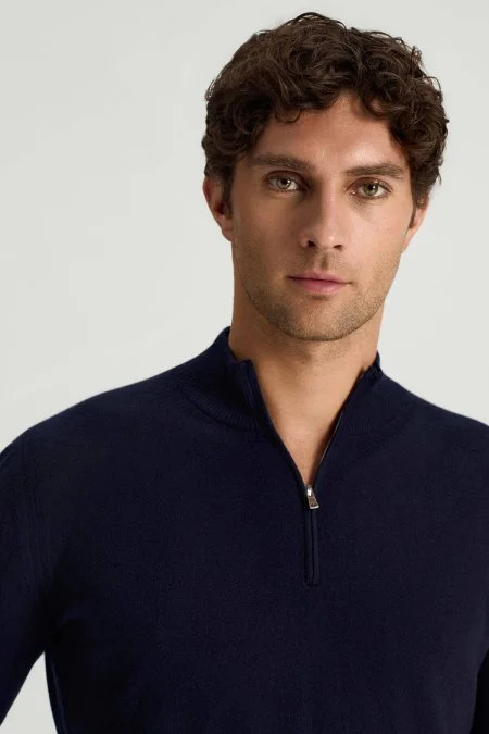 Saf Kaşmir Polo Yaka Fermuarlı Lacivert Triko