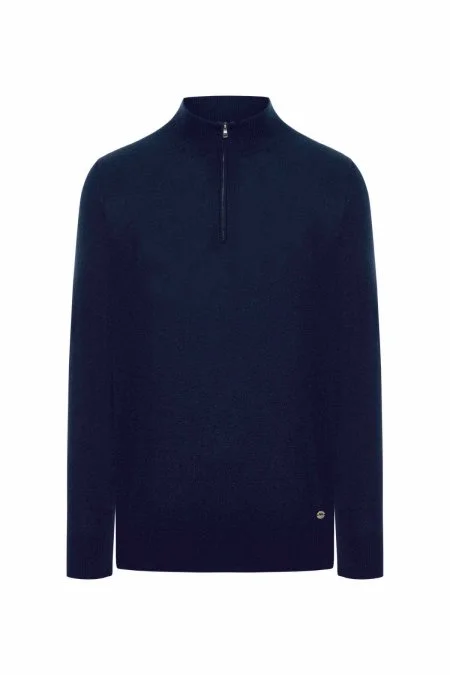 Saf Kaşmir Polo Yaka Fermuarlı Lacivert Triko