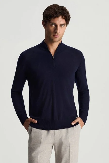 Saf Kaşmir Polo Yaka Fermuarlı Lacivert Triko