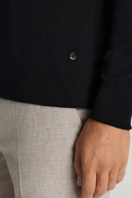 Saf Kaşmir Polo Yaka Fermuarlı Siyah Triko