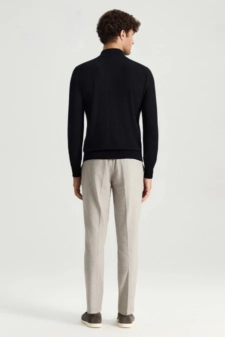 Saf Kaşmir Polo Yaka Fermuarlı Siyah Triko
