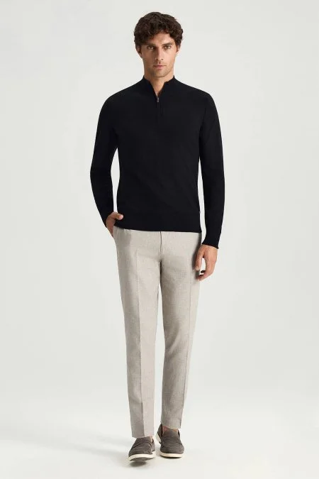 Saf Kaşmir Polo Yaka Fermuarlı Siyah Triko