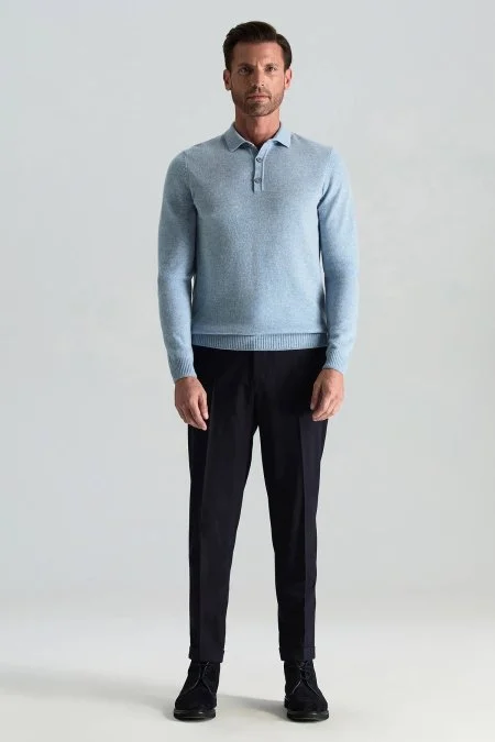 Polo Yaka Saf Kaşmir Gök Mavisi Kazak