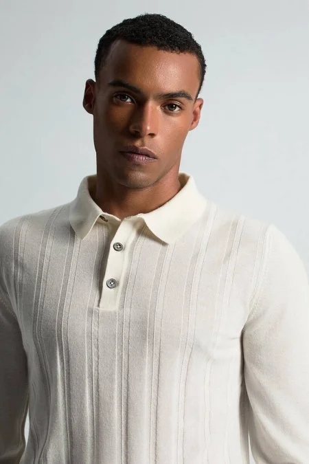 Saf Kaşmir Polo Yaka Şerit Desenli Ekru Triko