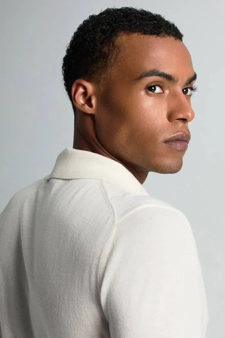 Saf Kaşmir Polo Yaka Şerit Desenli Ekru Triko