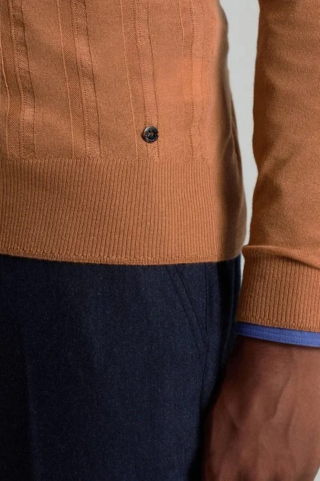 Saf Kaşmir Polo Yaka Şerit Desenli Konyak Rengi Triko