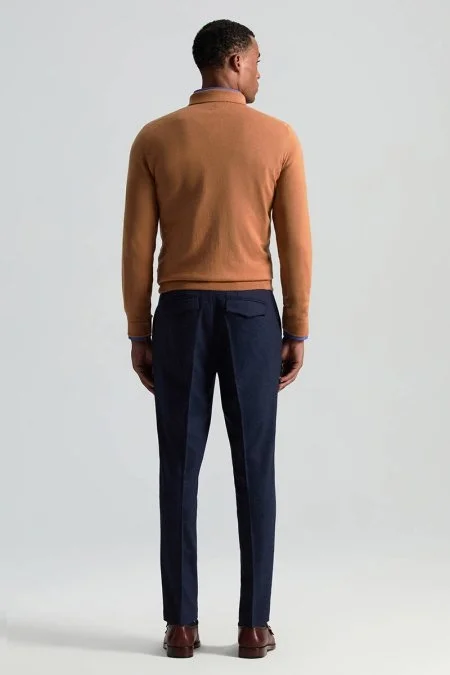 Saf Kaşmir Polo Yaka Şerit Desenli Konyak Rengi Triko