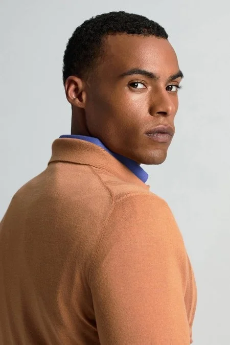 Saf Kaşmir Polo Yaka Şerit Desenli Konyak Rengi Triko