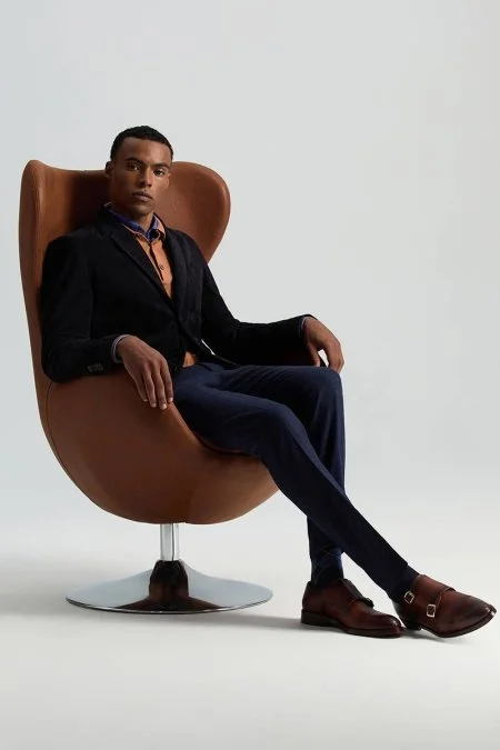 Saf Kaşmir Polo Yaka Şerit Desenli Konyak Rengi Triko