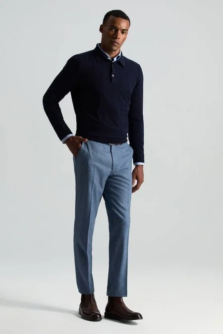 Saf Kaşmir Polo Yaka Şerit Desenli Lacivert Triko