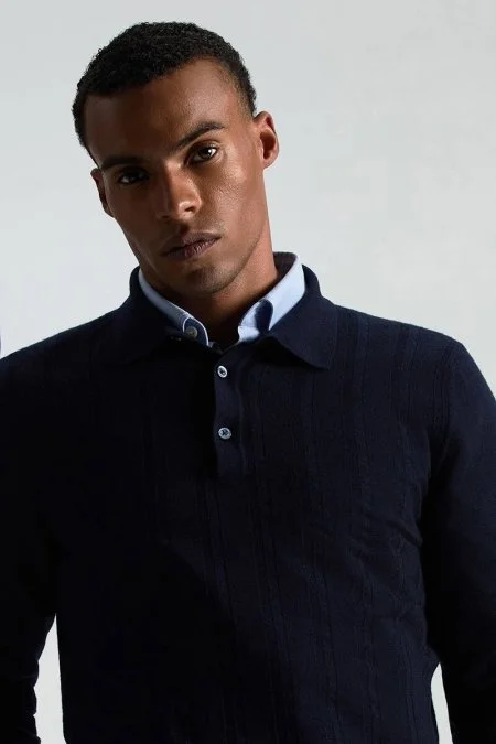 Saf Kaşmir Polo Yaka Şerit Desenli Lacivert Triko