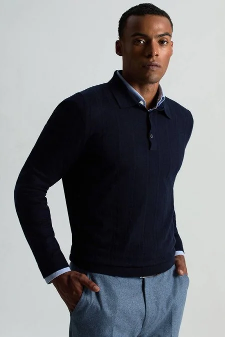 Saf Kaşmir Polo Yaka Şerit Desenli Lacivert Triko