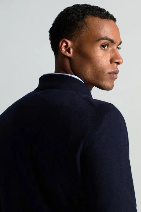 Saf Kaşmir Polo Yaka Şerit Desenli Lacivert Triko