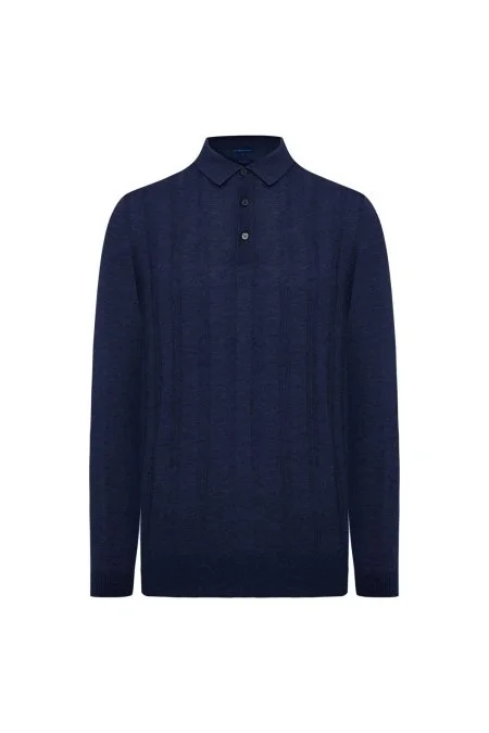 Saf Kaşmir Polo Yaka Şerit Desenli Lacivert Triko