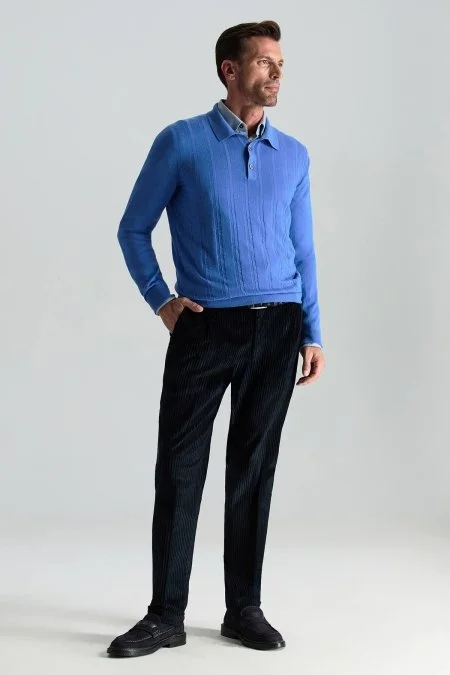 Saf Kaşmir Polo Yaka Şerit Desenli Mavi Triko