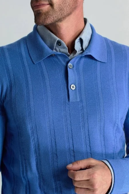 Saf Kaşmir Polo Yaka Şerit Desenli Mavi Triko