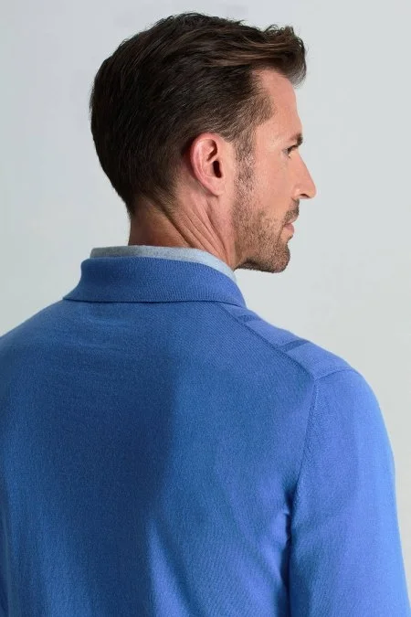 Saf Kaşmir Polo Yaka Şerit Desenli Mavi Triko