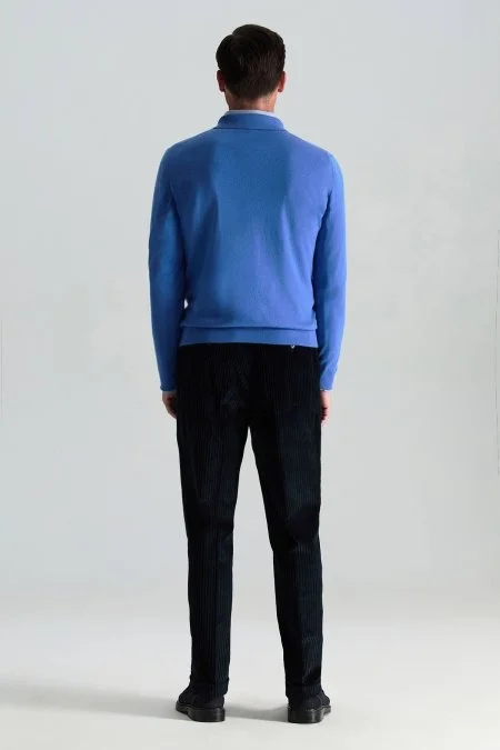 Saf Kaşmir Polo Yaka Şerit Desenli Mavi Triko