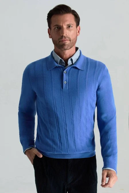 Saf Kaşmir Polo Yaka Şerit Desenli Mavi Triko Saf Kaşmir Polo Yaka Şerit Desenli Mavi Triko