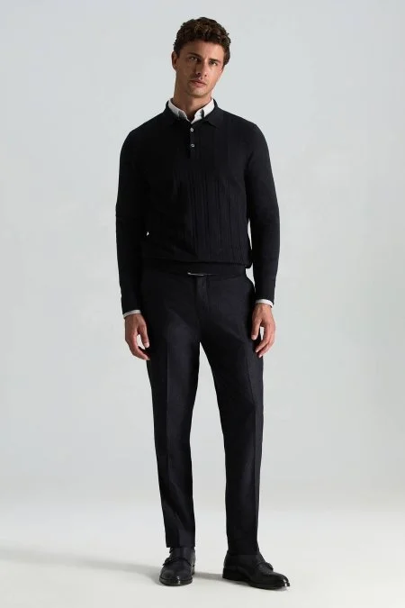 Saf Kaşmir Polo Yaka Şerit Desenli Siyah Triko