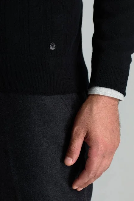 Saf Kaşmir Polo Yaka Şerit Desenli Siyah Triko