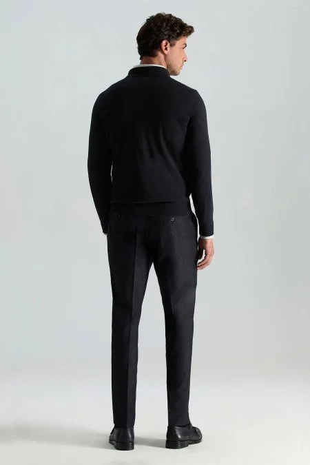 Saf Kaşmir Polo Yaka Şerit Desenli Siyah Triko