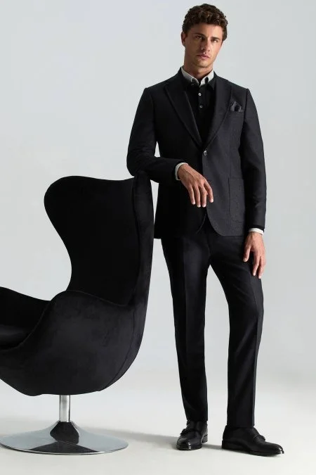 Saf Kaşmir Polo Yaka Şerit Desenli Siyah Triko