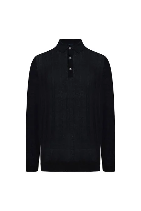 Saf Kaşmir Polo Yaka Şerit Desenli Siyah Triko