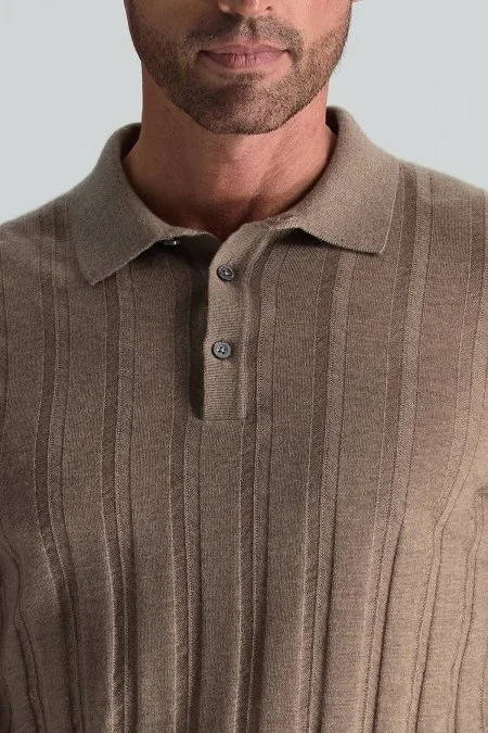 Saf Kaşmir Polo Yaka Şerit Desenli Tütün Rengi Triko