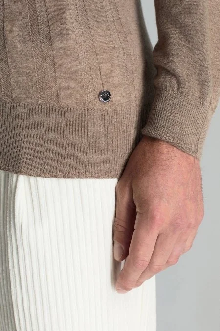 Saf Kaşmir Polo Yaka Şerit Desenli Tütün Rengi Triko