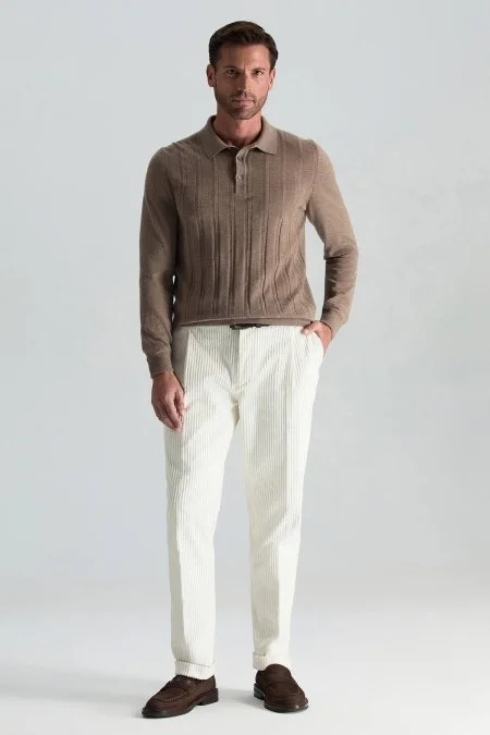 Saf Kaşmir Polo Yaka Şerit Desenli Tütün Rengi Triko