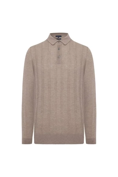 Saf Kaşmir Polo Yaka Şerit Desenli Tütün Rengi Triko