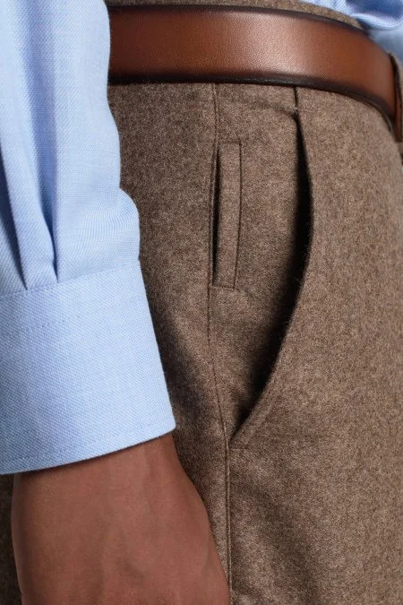 Saf Kaşmir Tütün Rengi Chino Flanel Pantolon