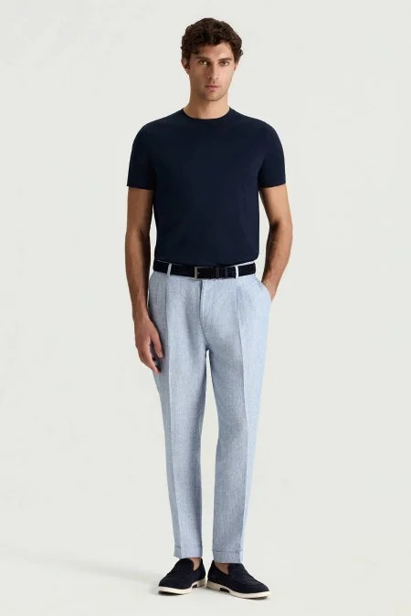 Saf Keten Açık Mavi Pileli Pantolon