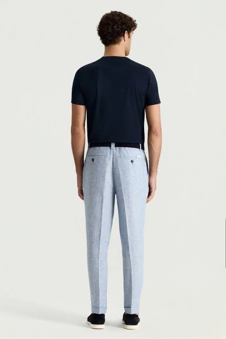 Saf Keten Açık Mavi Pileli Pantolon